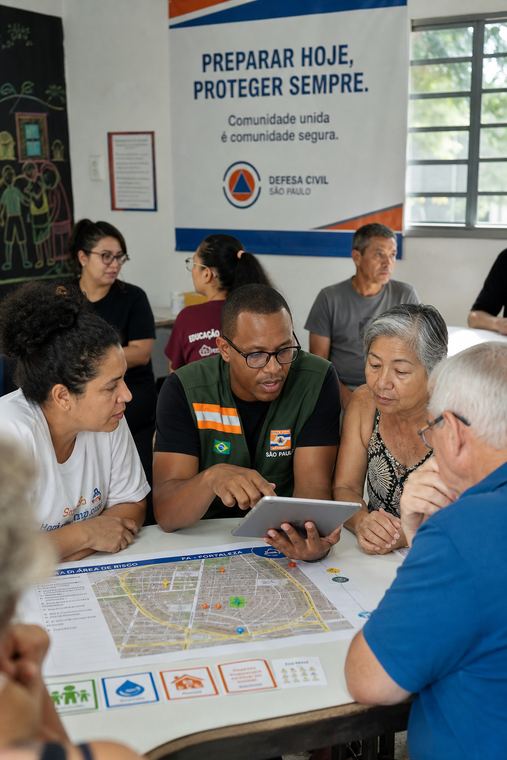 Encontro colaborativo entre equipe técnica e comunidade para preparação diante de riscos