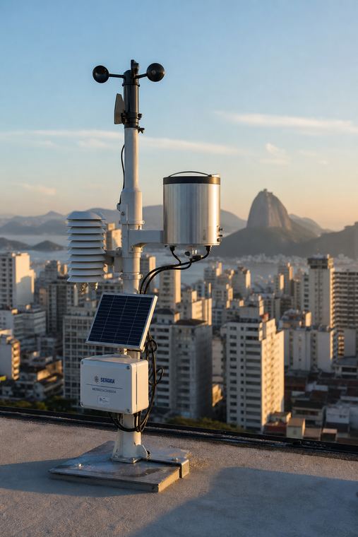 Estação meteorológica instalada em área urbana para coleta de dados ambientais