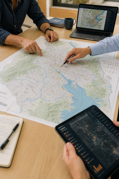 Mapa urbano com camadas de dados para análise de vulnerabilidade