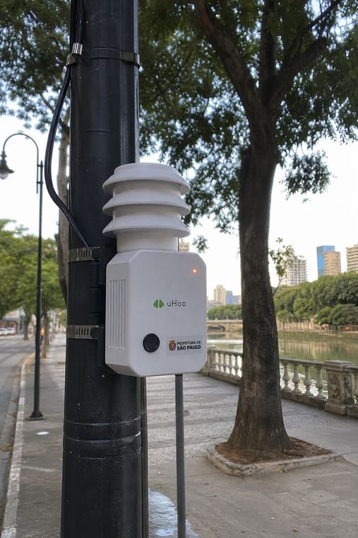 Sensor ambiental instalado em via pública como parte de uma rede de monitoramento