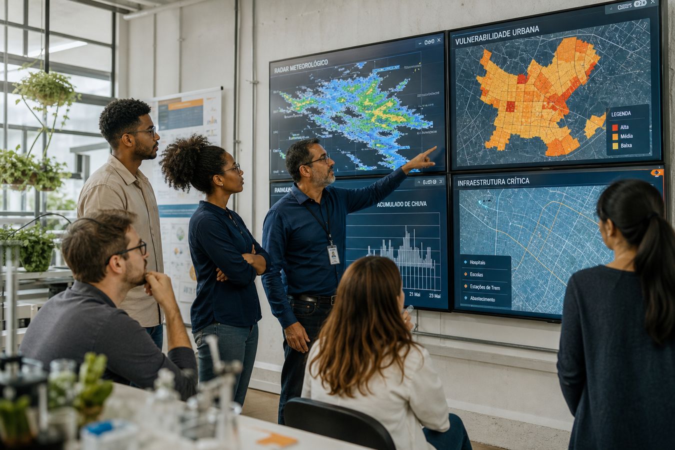 Equipe de pesquisa em laboratório analisando dados ambientais em telas e mapas